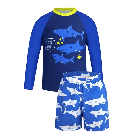 Costumi da Bagno da Bambino a Manica Lunga Con Stampa di Squalo Rash Guard E Pantaloncini da Bagno Asciugatura Rapida Protezione Solare Per Spiaggia Piscina
