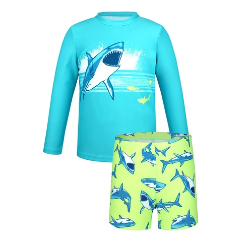 Kinderen Jongens Lange Mouw Haai Print Tweedelig Badpak Zonbescherming Rash Guard Set Hemelsblauw Zomer Zwemkleding
