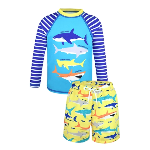 Abbigliamento da Nuoto per Ragazzi Manica Lunga Fantasia Squalo Cartone Animato Protezione Solare Top E Pantaloncini Bambino