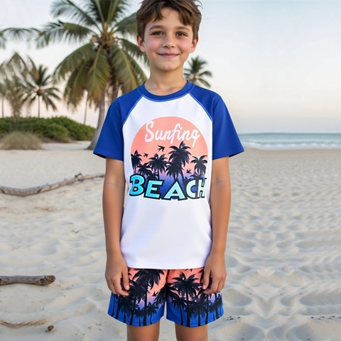 Ensemble Maillot de Bain Deux Pièces Garçon Avec Rash Guard à Manches Courtes Et Short de Bain Imprimé Palmiers Dégradés pour Plage