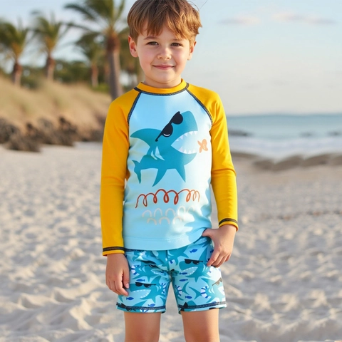Boys Long Sleeve Rash Guard Swimsuit Cartoon Shark Print Rashguard And Shorts Swimwear For Kids Beach Vacation
