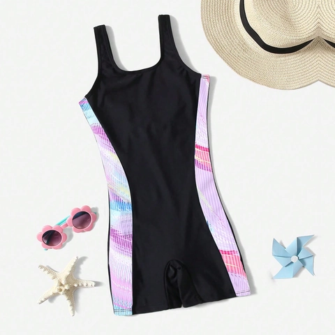 Maillot de Bain Une Pièce pour Filles Maillot de Bain d'Entraînement Athlétique Avec Imprimé Géométrique Splicing Tenue de Plage à Séchage Rapide pour Adolescents