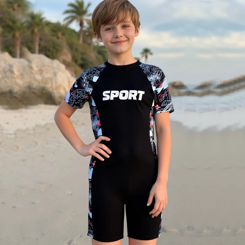 Jungen Einteiler Badeanzug Kurzarm Schnelltrocknend Sportlich Buchstabe Ozean Tier Muster Kinder Strandbekleidung Bademode