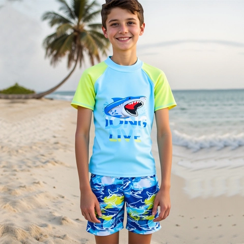 Jungen Cartoon Hai Print Badeanzug Kurzarm Rash Guard Und Badehose Schnell Trocknend Hohe Elastizität Kinder Strand Bademode