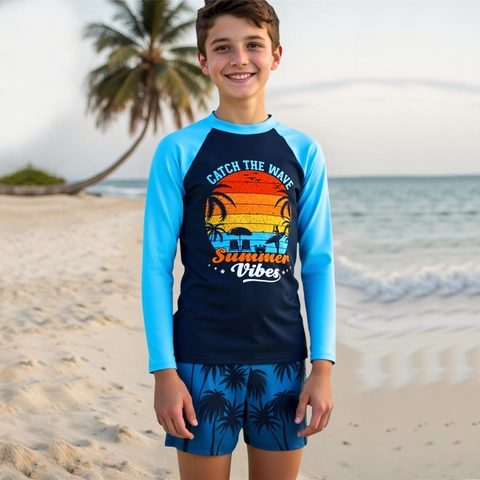 Haut Rash Guard à Manches Longues pour Garçons Et Pantalon de Bain Imprimé Tropical Coucher de Soleil Palmiers Maillot de Bain à Séchage Rapide pour Plage d'Été