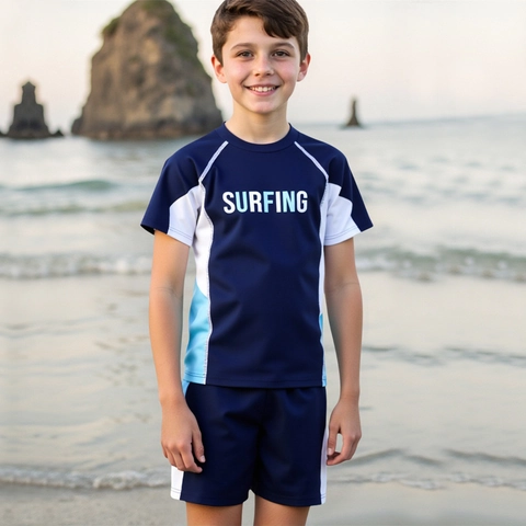 Jungen Kurzarm Badeanzug Rash Guard Und Badehose Farbblock Surfing Druck Schnelltrocknend Sport Badeanzug Für Kinder