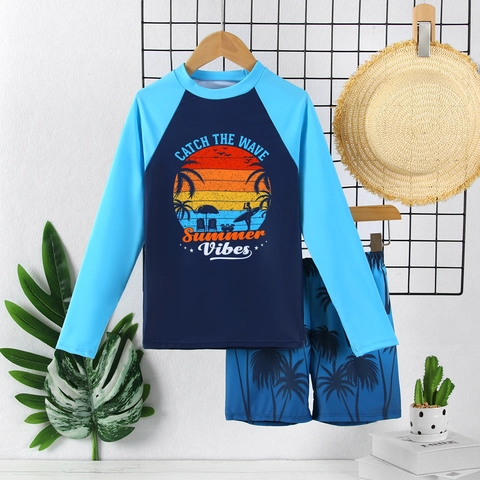 Haut Rash Guard à Manches Longues pour Garçons Et Pantalon de Bain Imprimé Tropical Coucher de Soleil Palmiers Maillot de Bain à Séchage Rapide pour Plage d'Été