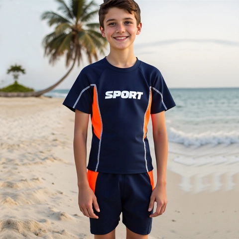 Maillot de Bain Sportif en Polyester pour Garçons Patchwork Contrasté Haut Manches Courtes Et Short Séchage Rapide Plage