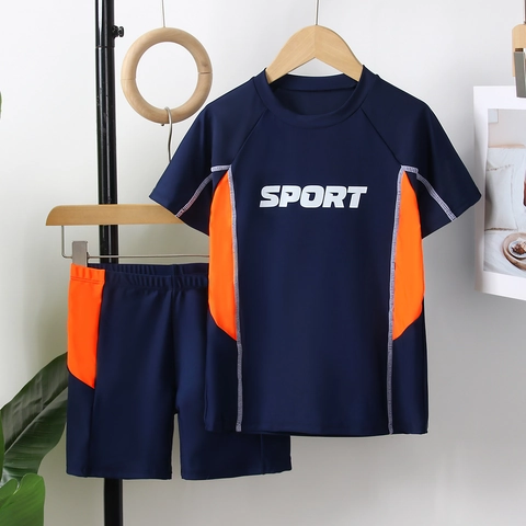 Maillot de Bain Sportif en Polyester pour Garçons Patchwork Contrasté Haut Manches Courtes Et Short Séchage Rapide Plage