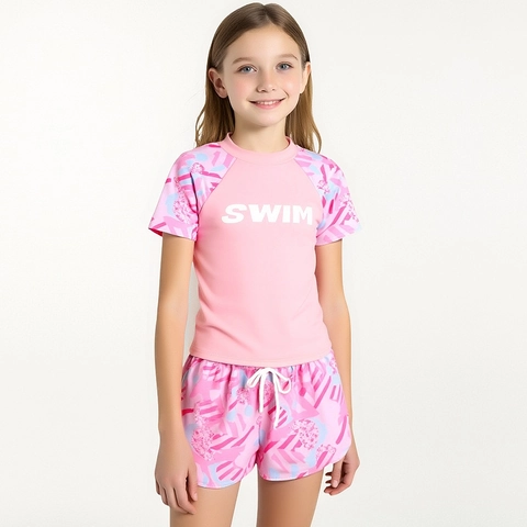 Maillot de Bain Fille Rose Haut à Manches Courtes et Short Imprimé Vêtements de Natation Enfants Sportif Plage