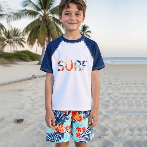 Maillot de Bain Deux Pièces pour Garçons Haut Et Short de Plage Imprimé Tropical Surf Rash Guard Manches Courtes