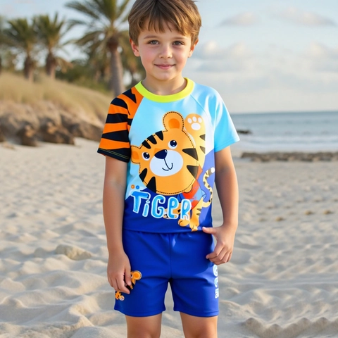 Set Costume da Bagno con Tigre dei Cartoni Animati per Ragazzi Asciugatura Rapida Protezione Solare Top E Pantaloncini E Cuffia da Nuoto per Mare Spiaggia