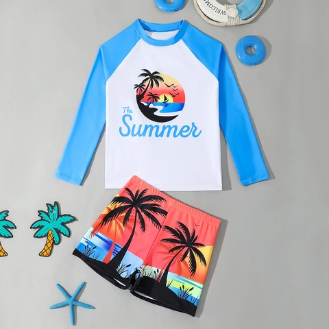 Ensemble Maillot de Bain Deux Pièces Garçon Manches Longues Protection Solaire Rash Guard Avec Imprimé Cocotier Séchage Rapide
