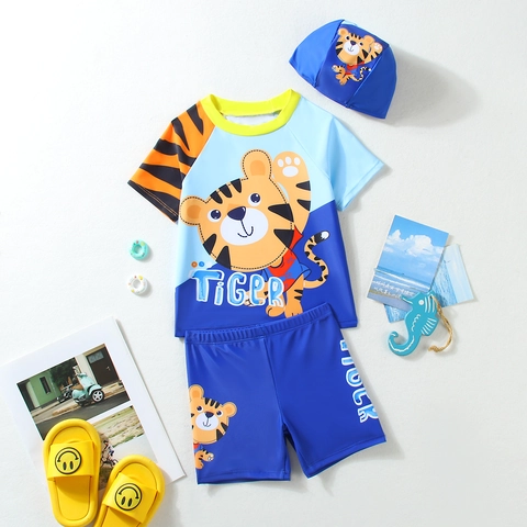 Set Costume da Bagno con Tigre dei Cartoni Animati per Ragazzi Asciugatura Rapida Protezione Solare Top E Pantaloncini E Cuffia da Nuoto per Mare Spiaggia