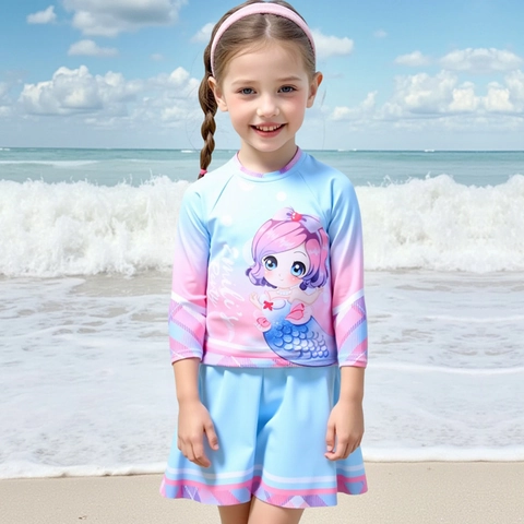 Mermaid Print Long Sleeve Swimwear For Girls Blue Pink Gradient Sun Protection Quick Dry Swim Top And Skirt Swimming Suit