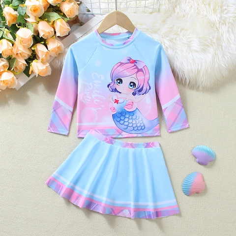 Mermaid Print Long Sleeve Swimwear For Girls Blue Pink Gradient Sun Protection Quick Dry Swim Top And Skirt Swimming Suit