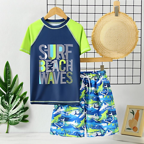 Maillot De Bain Garçon Haut Et Short Manches Raglan Rash Guard Imprimé Requin Plage Piscine Sport Enfants Contraste