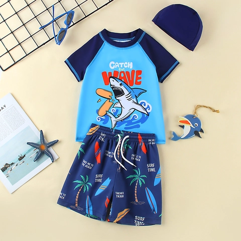 Ensemble de Maillot de Bain pour Garçons Dessin Animé Requin Manches Courtes Rash Guard Short de Bain Avec Bonnet Séchage Rapide Polyester Élasthanne Combinaison de Surf