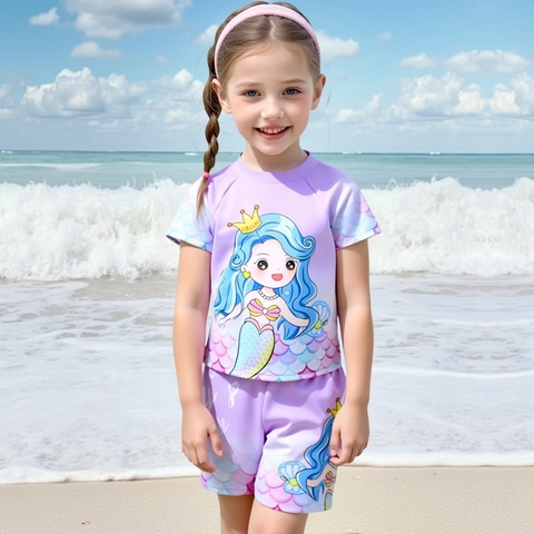 Costume da Bagno da Ragazza a Sirena Set Rashguard a Maniche Corte per Bambini Viola Lavanda Stampa a Scaglie di Pesce Due Pezzi