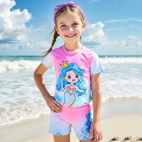 Costume da Bagno a Sirena per Bambina Sfumato Rosa Blu Top a Maniche Corte Pantaloncini Cuffia da Nuoto Asciugatura Rapida