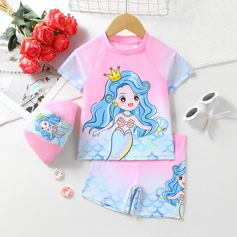 Costume da Bagno a Sirena per Bambina Sfumato Rosa Blu Top a Maniche Corte Pantaloncini Cuffia da Nuoto Asciugatura Rapida