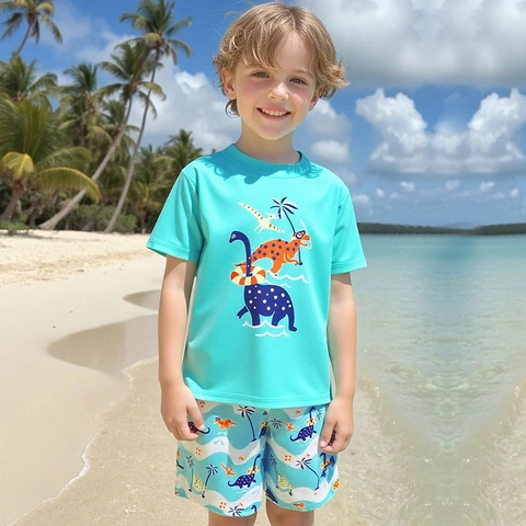 Maillot de Bain Dinosaure pour Garçons Haut à Manches Courtes Protection Solaire et Short pour Enfants Plage Piscine