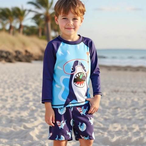 Maillot de Bain Garçon Imprimé Requin Dessin Animé Haut Rash Guard Manches Longues et Short Séchage Rapide Solaire