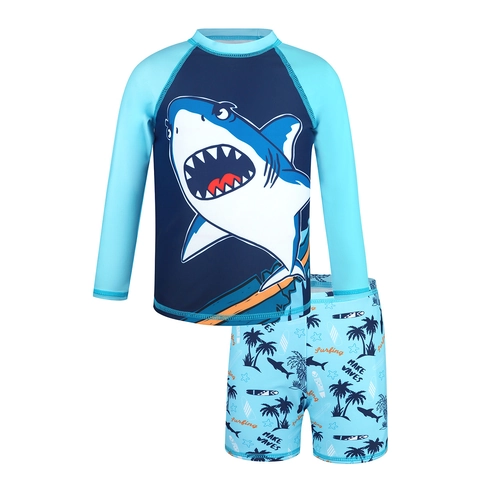 Jungen Rash Guard Top Und Schwimmshorts Polyester Elasthan Cartoon Hai Druck Schnelltrocknend Sonnenschutz Bademode Für Strandurlaub Kinder Schwimmen