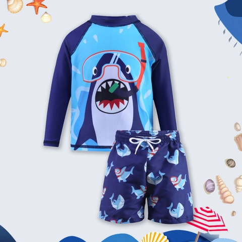 Maillot de Bain Garçon Imprimé Requin Dessin Animé Haut Rash Guard Manches Longues et Short Séchage Rapide Solaire
