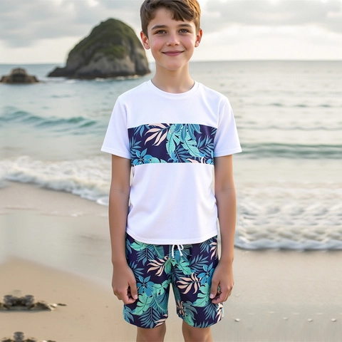 Jungen Zweiteiler Badeanzug Tropischer Palmblatt-Druck Kurzarm Rash Guard Top Und Badehose Set Schnelltrocknend Kinder Bademode
