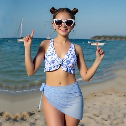 Maillot de Bain Fille Bikini Top Et Bas Fleuri Et Jupe en Maille Volants Col en V Dos Nu Tenue de Plage Enfant