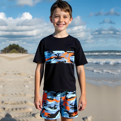 Ensemble Maillot de Bain Deux Pièces Camouflage pour Garçons Manches Courtes Séchage Rapide Rash Guard T-Shirt et Short de Plage pour Enfants 8-12 Ans