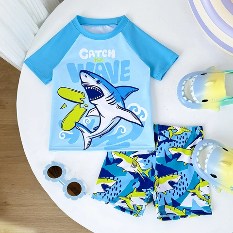 Costume da Bagno a Due Pezzi per Bambini Ragazzi con Stampa Squalo Asciugatura Rapida Top a Maniche Corte e Pantaloncini in Poliestere