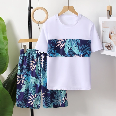 Jungen Zweiteiler Badeanzug Tropischer Palmblatt-Druck Kurzarm Rash Guard Top Und Badehose Set Schnelltrocknend Kinder Bademode