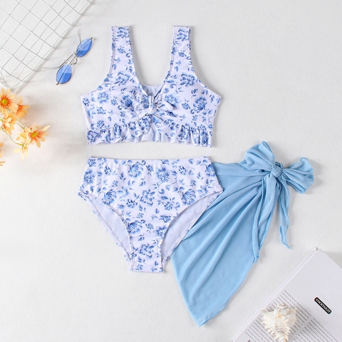 Maillot de Bain Fille Bikini Top Et Bas Fleuri Et Jupe en Maille Volants Col en V Dos Nu Tenue de Plage Enfant