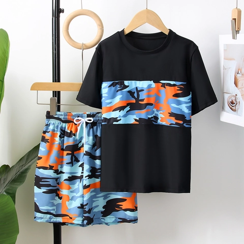 Ensemble Maillot de Bain Deux Pièces Camouflage pour Garçons Manches Courtes Séchage Rapide Rash Guard T-Shirt et Short de Plage pour Enfants 8-12 Ans