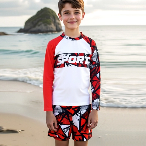 Maillot de Bain Garçon Rash Guard Manches Longues Haut Et Short Imprimé Géométrique Sport Lettre Séchage Rapide Protection Solaire