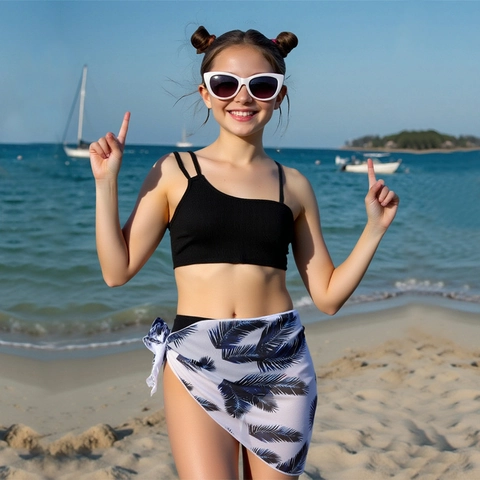 Maillot de Bain Fille Bikini Haut Une Épaule Nervurée Et Bas Et Paréo Imprimé Feuilles de Palmier Pour Enfants Vêtements de Plage