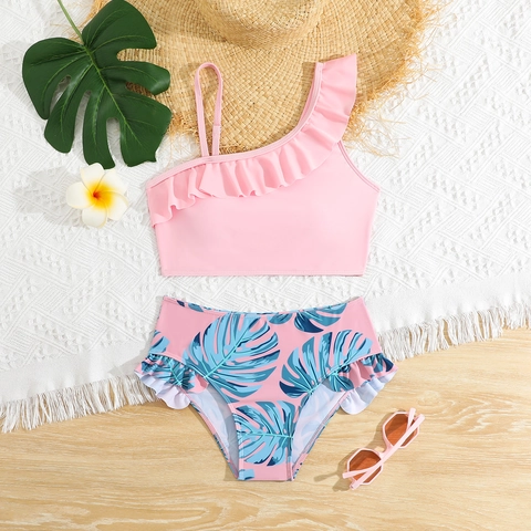 Girls Split Swimsuit Pink Single Shoulder Ruffled Top Monstera Leaf Print Bikini Bottom Summer Beach Quick Dry Swimwear