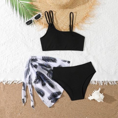 Maillot de Bain Fille Bikini Haut Une Épaule Nervurée Et Bas Et Paréo Imprimé Feuilles de Palmier Pour Enfants Vêtements de Plage