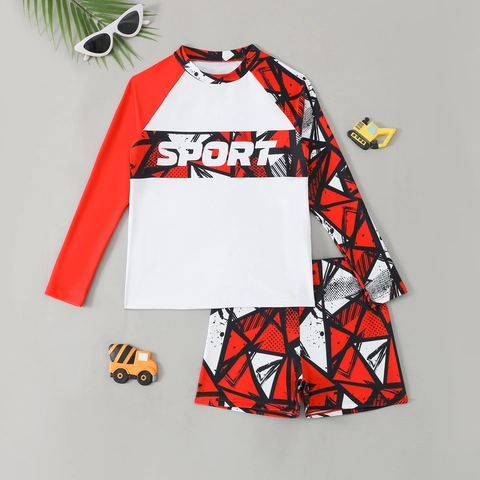 Maillot de Bain Garçon Rash Guard Manches Longues Haut Et Short Imprimé Géométrique Sport Lettre Séchage Rapide Protection Solaire