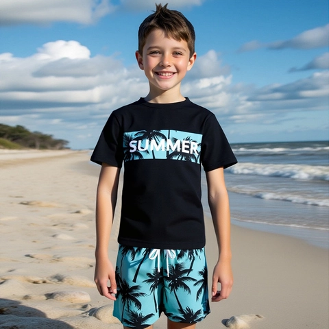 Boys Short Sleeve Swimwear Two Piece Set Quick Drying Sun Protection Palm Tree Print T-Shirt And Beach Shorts Kids Swimsuit