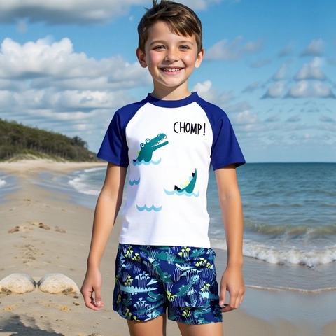 Costume da Bagno Due Pezzi per Bambini Con Coccodrillo Maglia Rash Guard a Maniche Corte e Pantaloncini da Nuoto