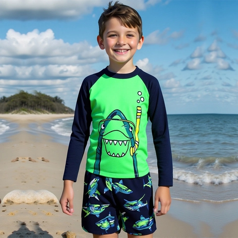 Boys Cartoon Shark Long Sleeve Swimsuit Set Quick Dry Sun Protection Rash Guard With Swim Shorts Beachwear Kids