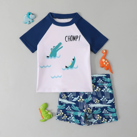 Costume da Bagno Due Pezzi per Bambini Con Coccodrillo Maglia Rash Guard a Maniche Corte e Pantaloncini da Nuoto
