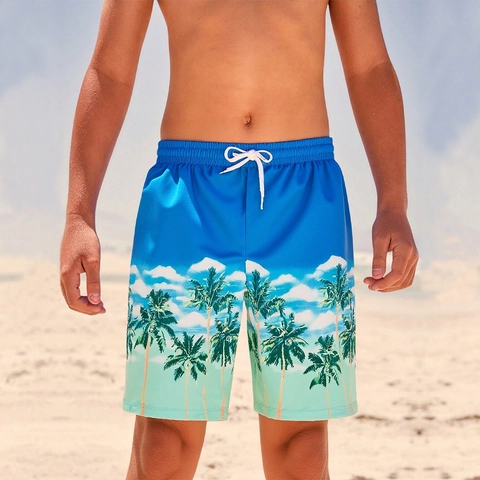 Jungen Schnell Trocknende Strandshorts Kokospalmen Druck Badehose Für Kinder Tropische Sommer Shorts Mit Kordelzug