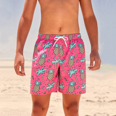 Pantaloncini da Mare per Bambini Rosa Stampa Ananas e Palme Asciugatura Rapida Pantaloncini Nuoto Con Vita Elastica