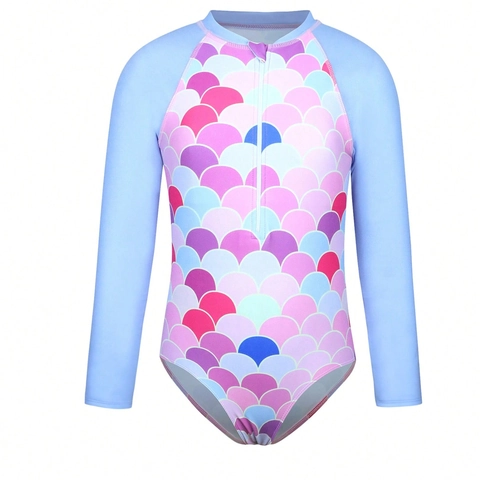 Maillot de Bain Une Pièce Sirène pour Filles Écailles de Poisson Manches Longues Protection Solaire avec Fermeture Éclair