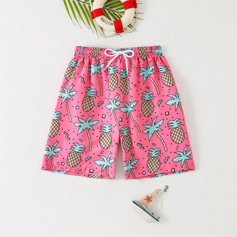 Pantaloncini da Mare per Bambini Rosa Stampa Ananas e Palme Asciugatura Rapida Pantaloncini Nuoto Con Vita Elastica