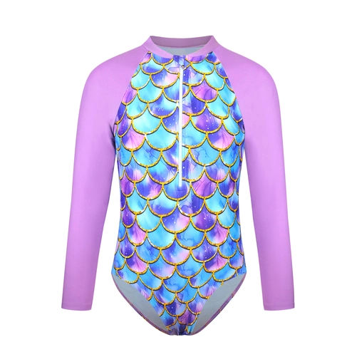 Maillot de Bain Une Pièce à Manches Longues Sirène pour Fille Protection Solaire Fermeture Éclair Écailles de Poisson
